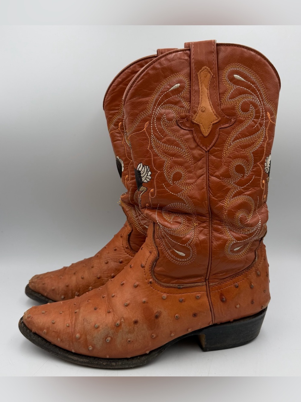Joe Ostrich Leather Cowboy Boots Womens 8 Brown Western With Box